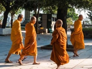 Golden Hour Stroll: Buddhist Monks in Tranquility Buddhist monks in saffron robes walking in serene outdoor religious site during golden hour.
