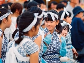 Japanese girls in traditional Jangara attire at a cultural festival in Iwaki City, Fukushima.