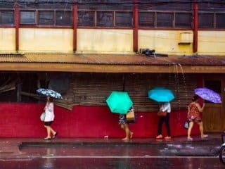 Vibrant Umbrellas on a Rainy City Sidewalk Rainy urban scene with colorful umbrellas and vibrant building facade.