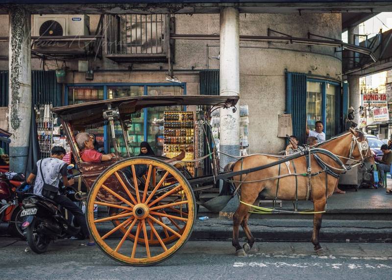 A horse-drawn carriage in a bustling Philippine cityscape, exemplifying Philippines Urban Photography.