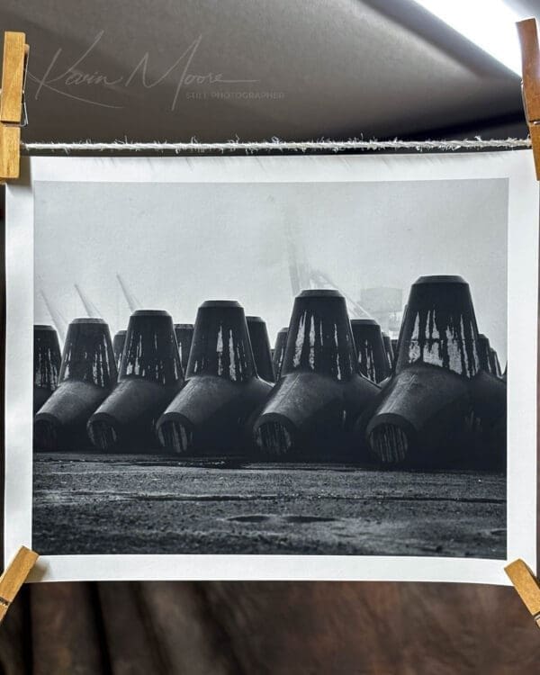 Fine art black and white print titled Idle Line hanging to dry in the darkroom after silver gelatin printing