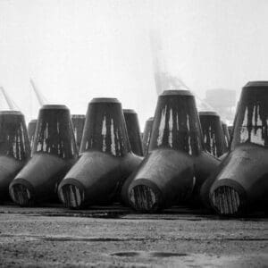 Fine art black and white print of stored tetrapods at Onahama Port, Japan